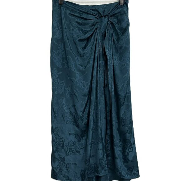 NWT Band of the Free Celene Side Drape Teal Floral Embossed Satin Midi Skirt Med - Picture 2 of 11